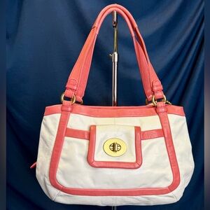 COACH Off-White Chalk Coral Leather Double Handle Satchel Shoulder Tote Bag